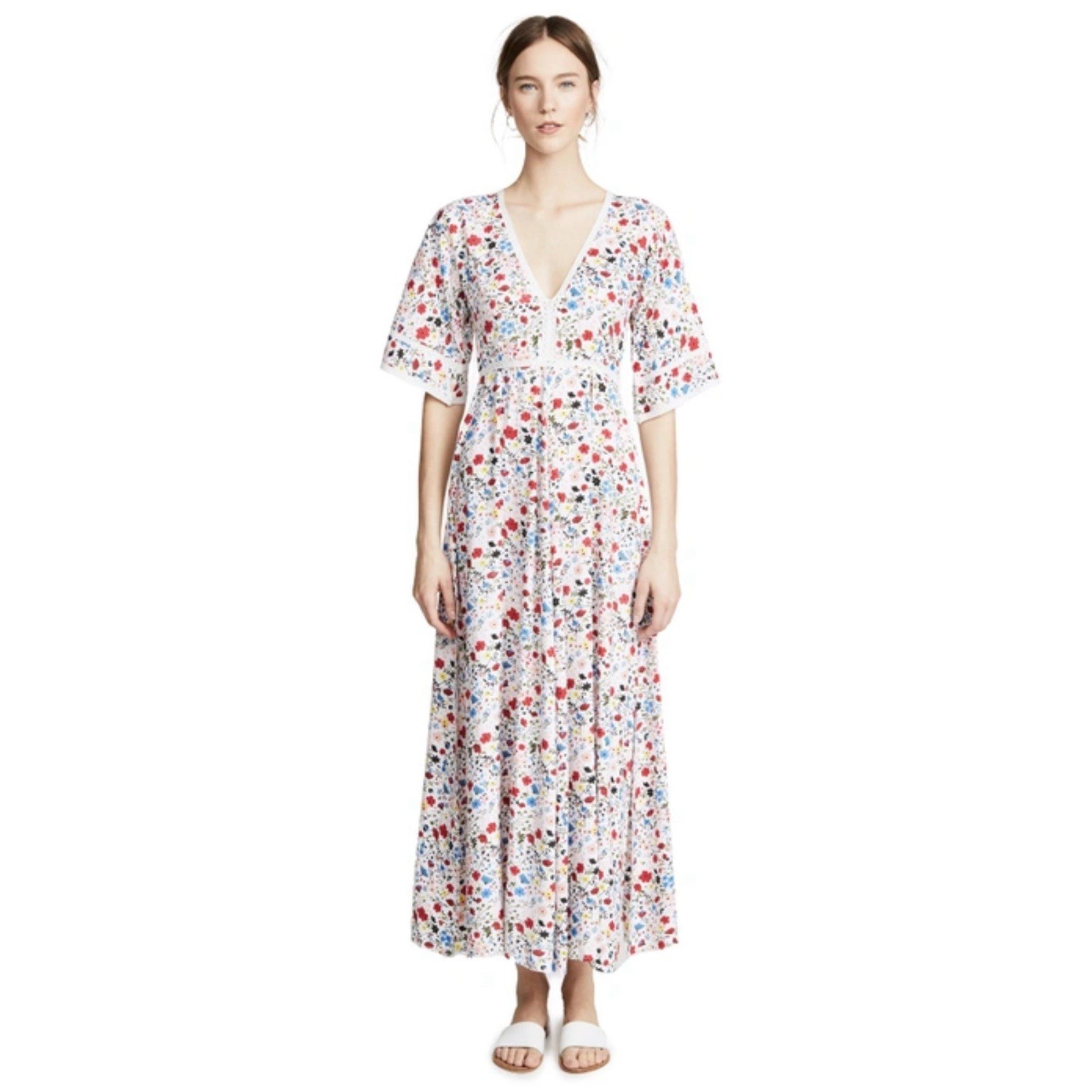 Kos Resort V-Neck Floral Maxi Dress Cottagecore Prairiecore Romantic Sz Small